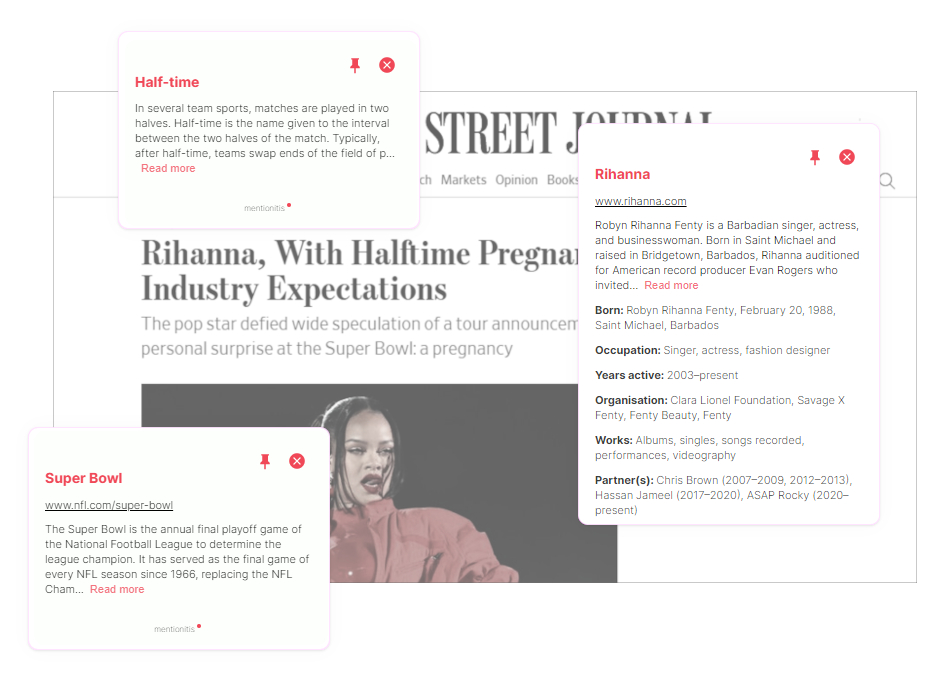 News article about Rihanna's pregnancy announcement halftime at the Superbowl, annotated by Mentionitis